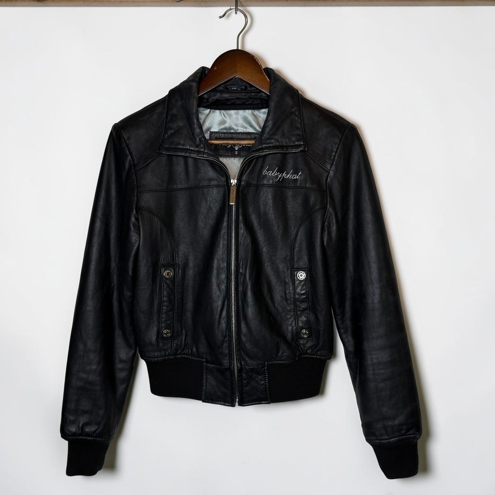 Baby Phat Vintage y2k Genuine Leather Bomber Jacket Black size Small
